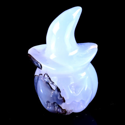 2.4” Natural Blue Chalcedony Hand Carved Crystal Wizard Pumpkin Sculpture, Halloween Gift