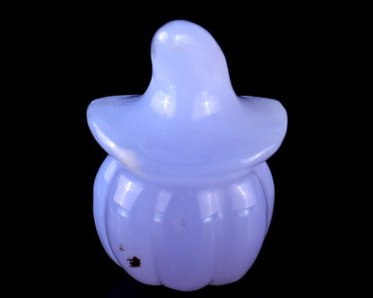 2.2” Natural Blue Chalcedony Hand Carved Crystal Wizard Pumpkin Sculpture, Halloween Gift