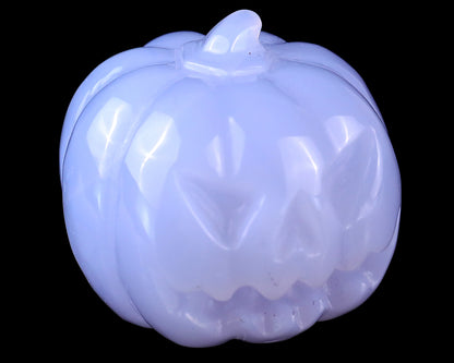 1.7” Natural Blue Chalcedony Hand Carved Crystal Pumpkin Sculpture, Halloween Gift