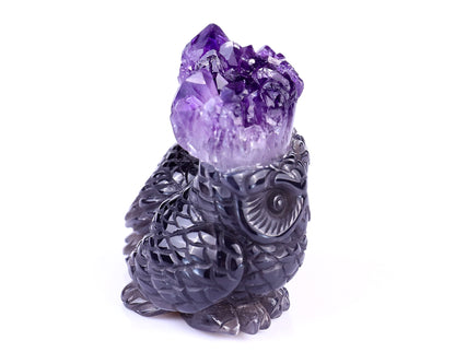 2.3" Amethyst Druse Agate Hand Carved Crystal Owls Sculpture