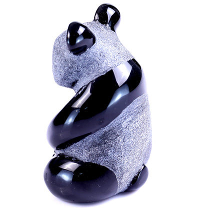Cute 2.9" Black Obsidian Hand Carved Crystal Panda Sculpture