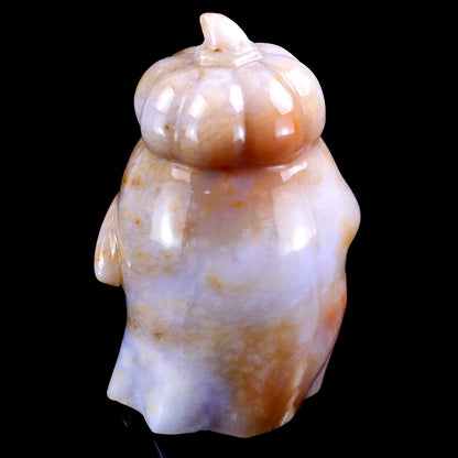 3.1” Natural Chalcedony Hand Carved Crystal Pumpkin Ghost Sculpture, Halloween Gift