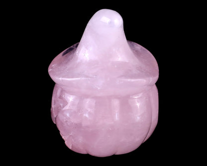 2.3” Natural Rose Quartz Hand Carved Crystal Wizard Pumpkin Sculpture, Halloween Gift