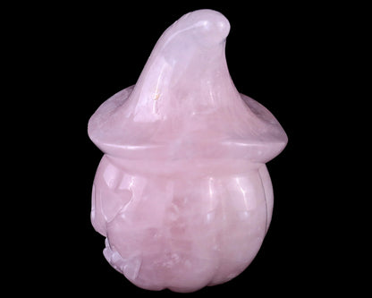 3.3” Natural Rose Quartz Hand Carved Crystal Wizard Pumpkin Sculpture, Halloween Gift