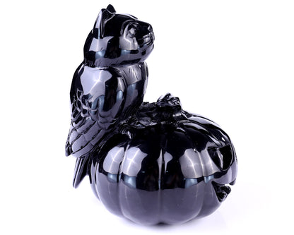 6.4” Natural Black Obsidian Hand Carved Crystal Pumpkin and Owl Sculpture, Halloween Gift