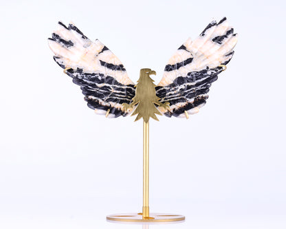 5.1" Black and White Zebra Agate Hand Carved Crystal Eagle Wings Sculpture
