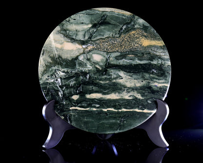 9” Natural Jiulong Jade Crystal Circular Display Plate Sculpture with Wooden Stand