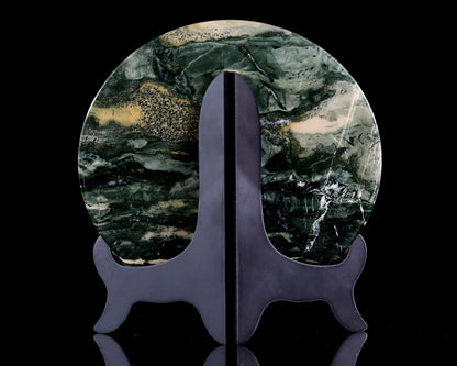 9” Natural Jiulong Jade Crystal Circular Display Plate Sculpture with Wooden Stand