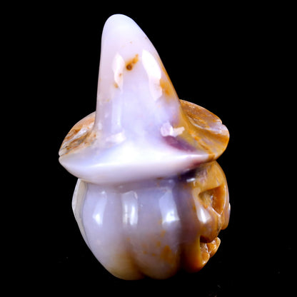 3.4” Natural Chalcedony Hand Carved Crystal Wizard Pumpkin Sculpture, Halloween Gift