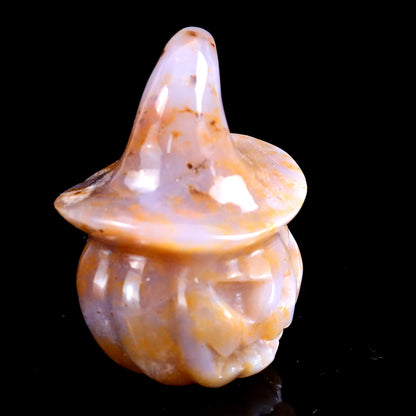 2.3” Natural Chalcedony Hand Carved Crystal Wizard Pumpkin Sculpture, Halloween Gift