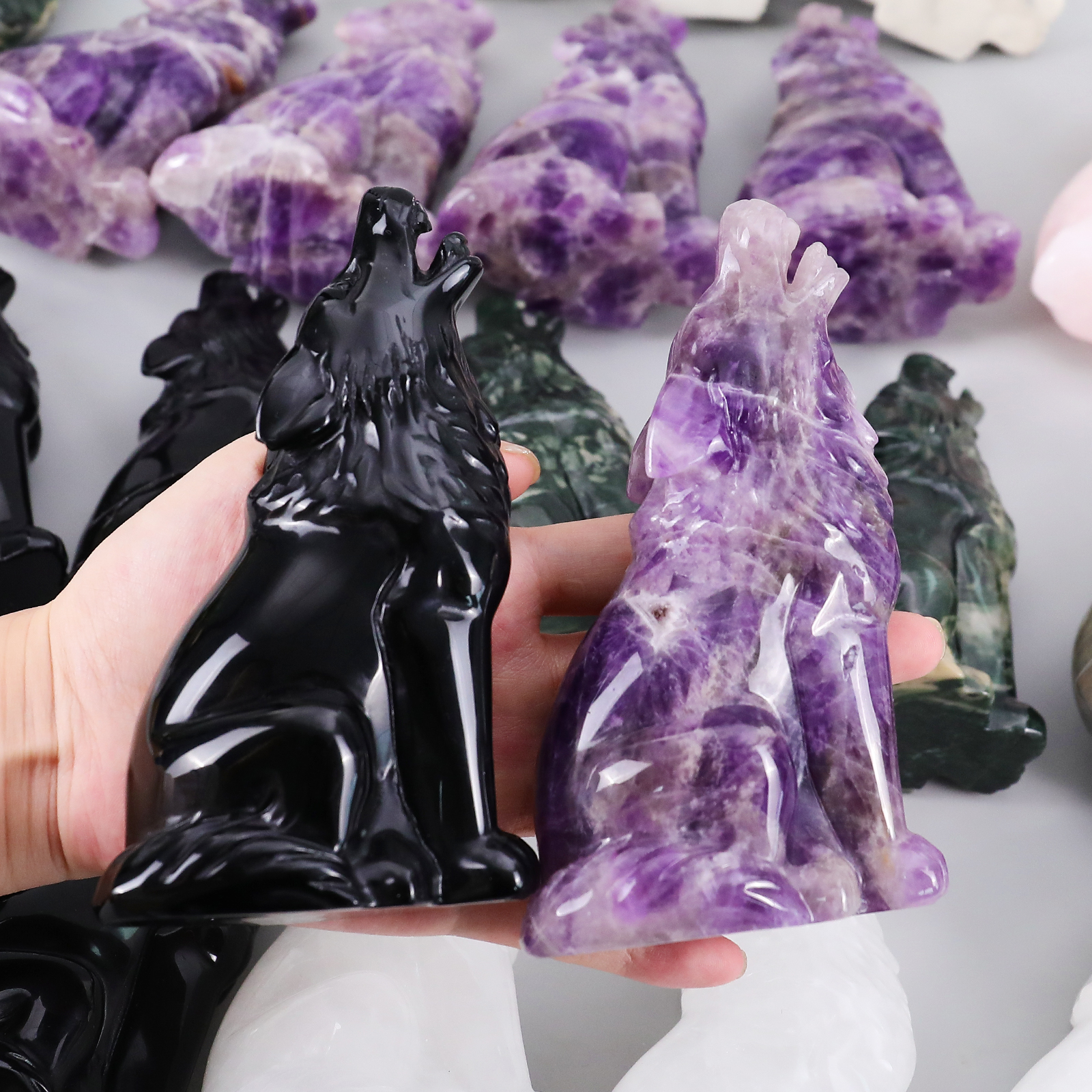 Natural Gemstone Carved Wolf Carving, Crystal Fengshui Decor Wolf Sculpture