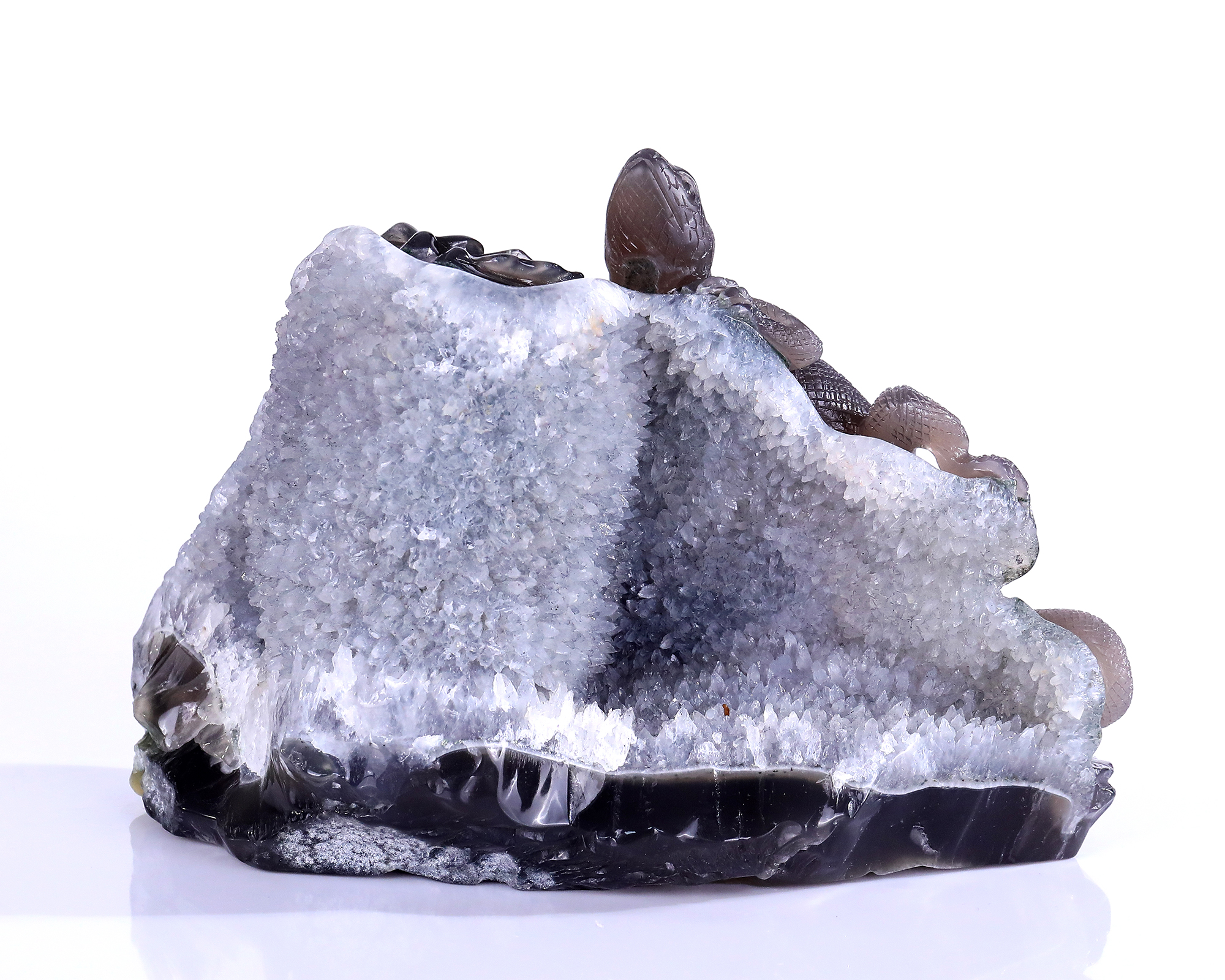8.8" Handmade White Crystal Cluster Agate Lizard Carving, Exquisite Gemstone Sculpture for Decor & Collection
