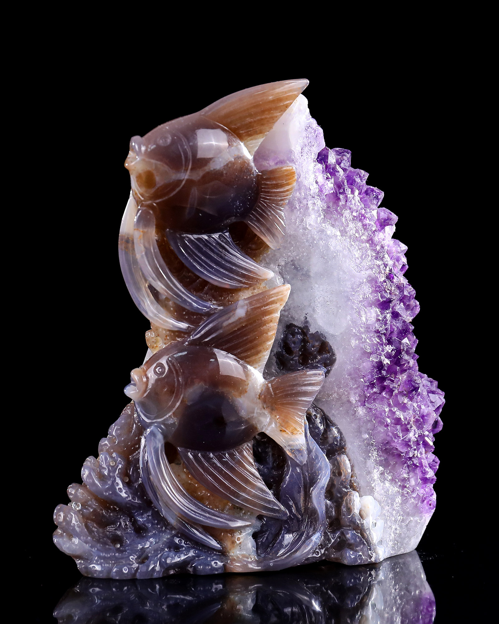 6.7" Amethyst Cluster Fish Carving, Exquisite Gemstone Sculpture for Decoration & Blessings
