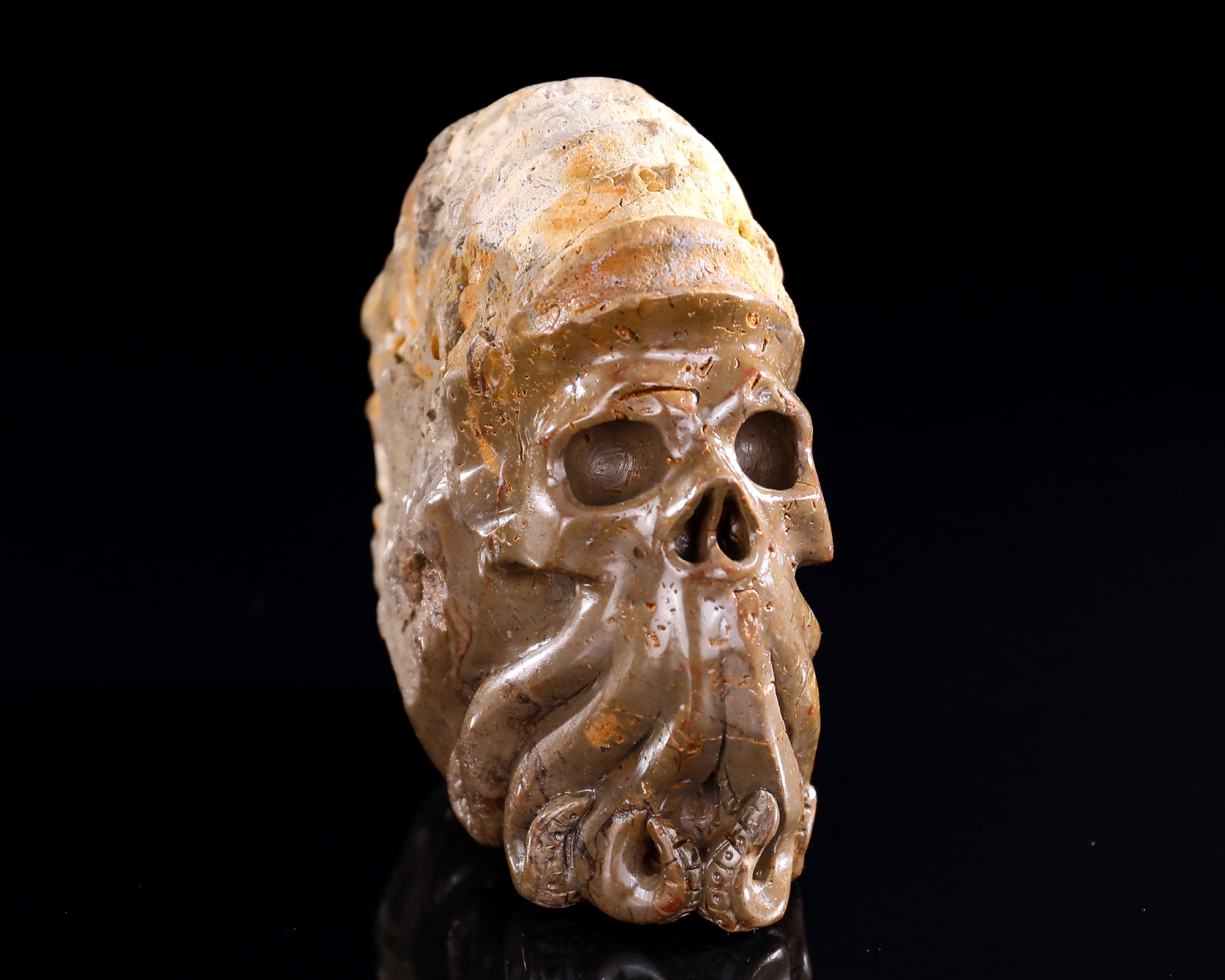 4.8" Ammonite Fossil Octopus Skull, Handcarved Jade Artifact - Unique Sculpture for Collection
