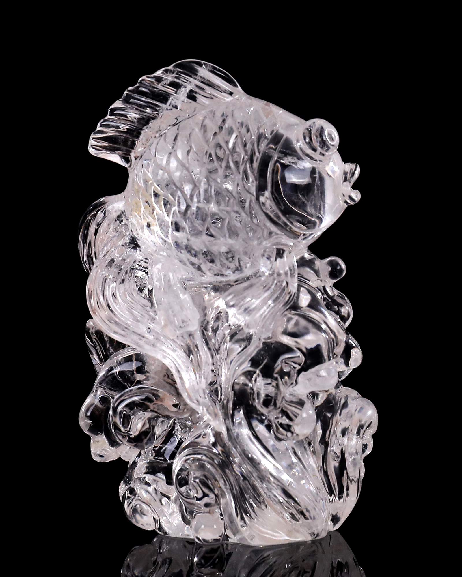 5-inch Hand Carved Clear Quartz Goldfish Decoration - Auspicious Gemstone Sculpture for Luck & Décor
