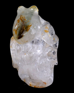 Hand-Carved 4-inch Clear Quartz Skull + Frog – Natural Gemstone Art for Curious Collectors