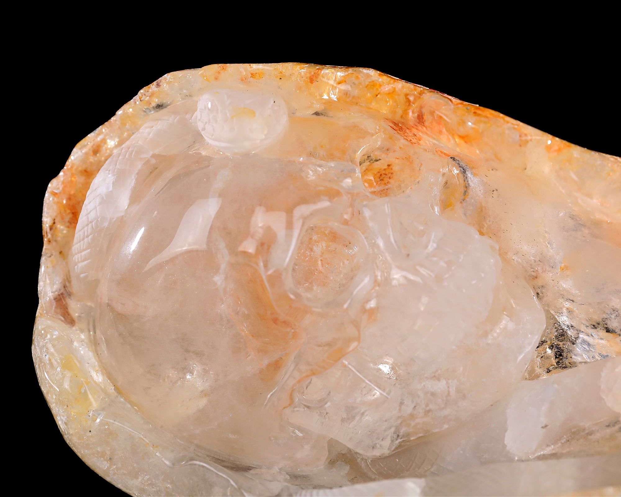 Hand-Carved 6-inch Clear Quartz Skull & Snake – Natural Gemstone Art for Mystical Collectors