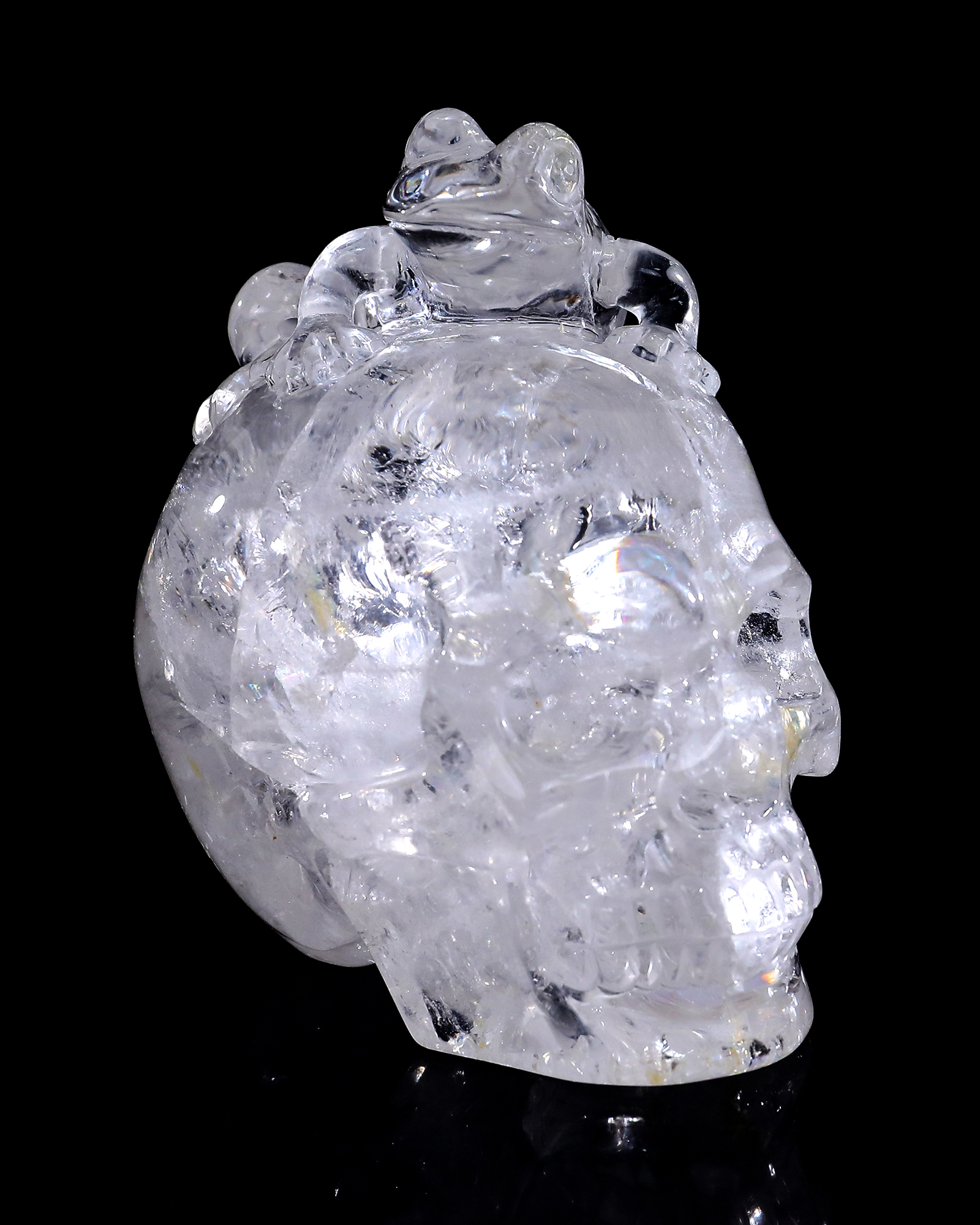 3.8-inch Hand Carved Clear Quartz Skull with Frog - Natural Crystal Sculpture for Spiritual Decor & Collection