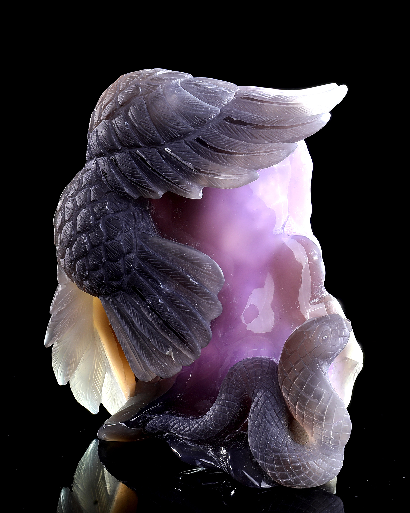 Hand-Carved Amethyst Cluster Owl & Snake Sculpture - Natural Gemstone Artifact for Crystal Collectors, Home Accent & Spiritual Healing