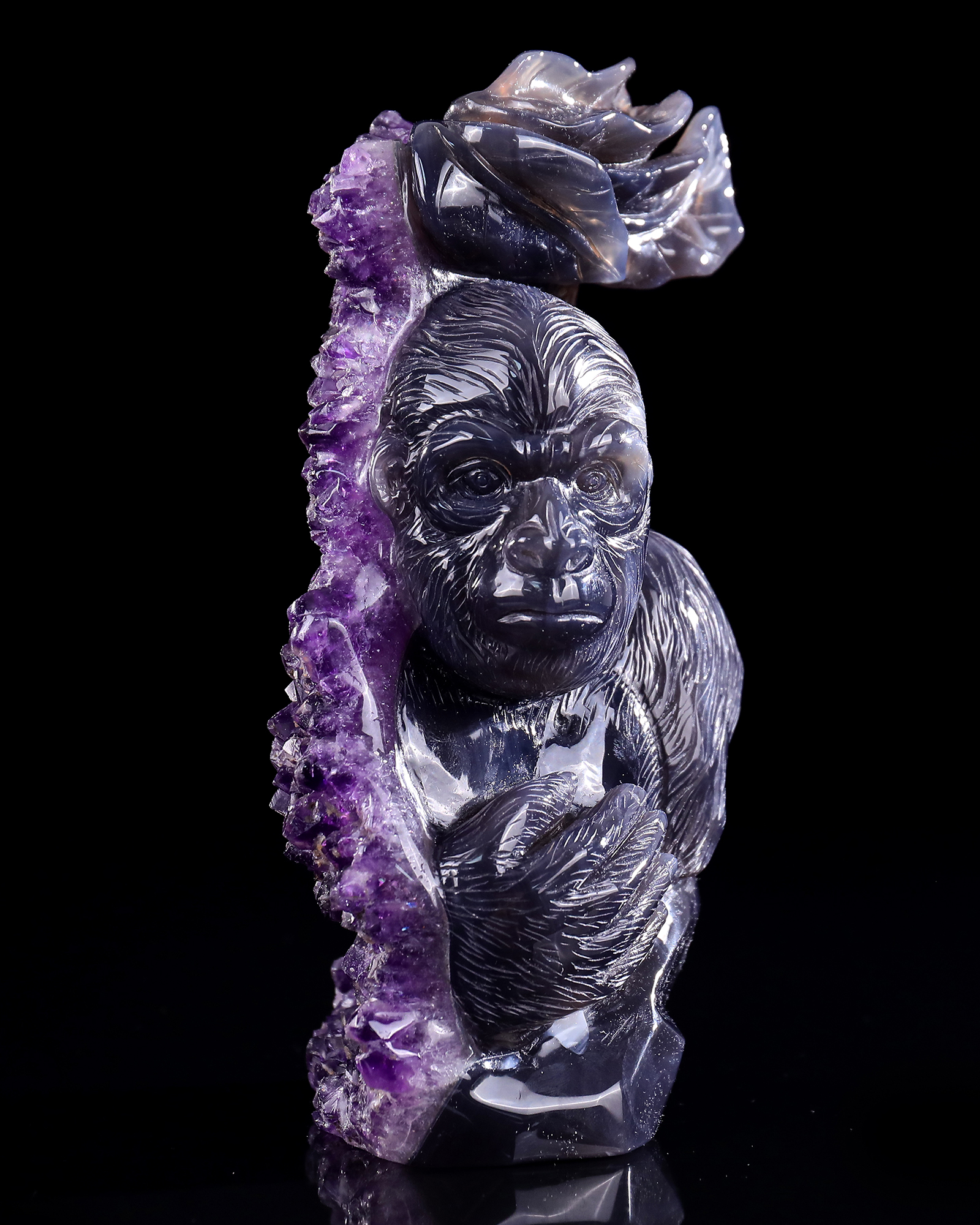7.7 Inch Amethyst Cluster Gorilla Sculpture - Hand-Carved Crystal Figurine with Lifelike Design 