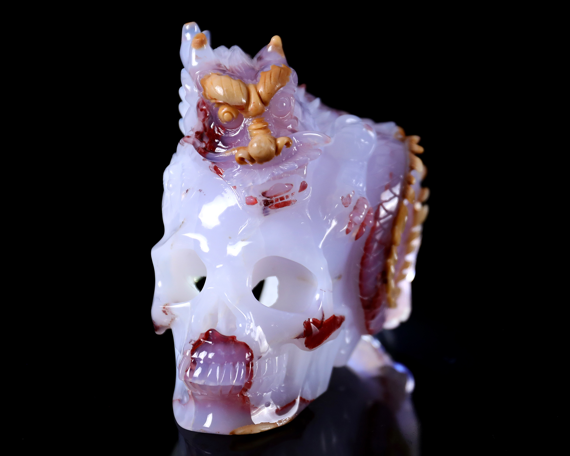 6 Inch Hand-Carved Natural Blue Chalcedony Skull with Chinese Dragon | Rare Multi-Color Gemstone with Geode