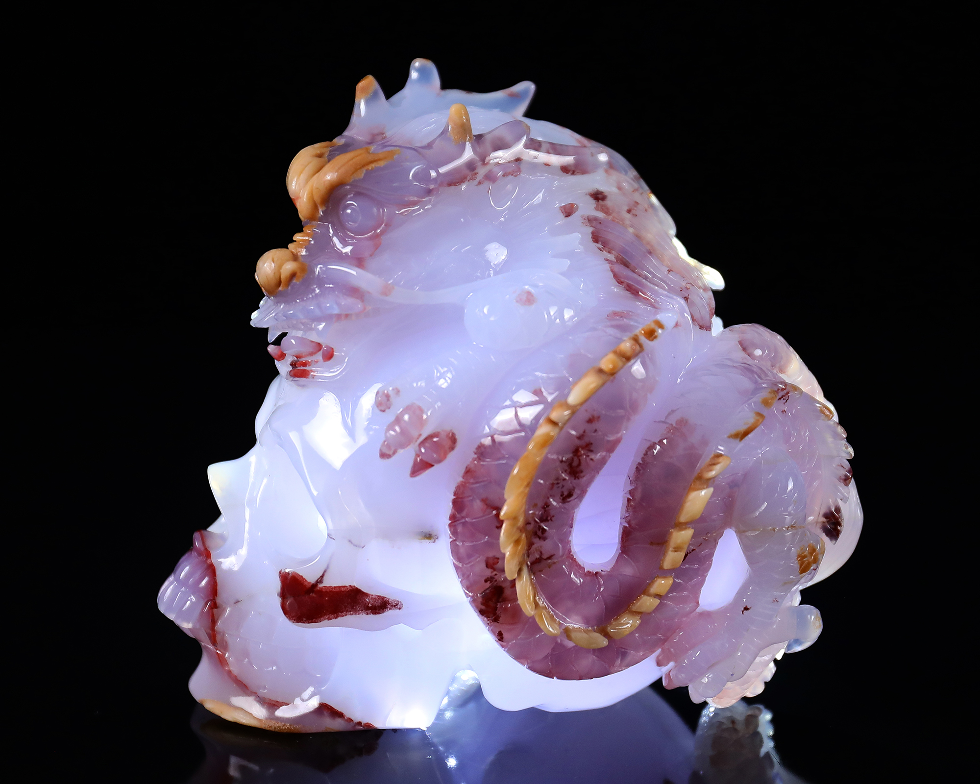 6 Inch Hand-Carved Natural Blue Chalcedony Skull with Chinese Dragon | Rare Multi-Color Gemstone with Geode