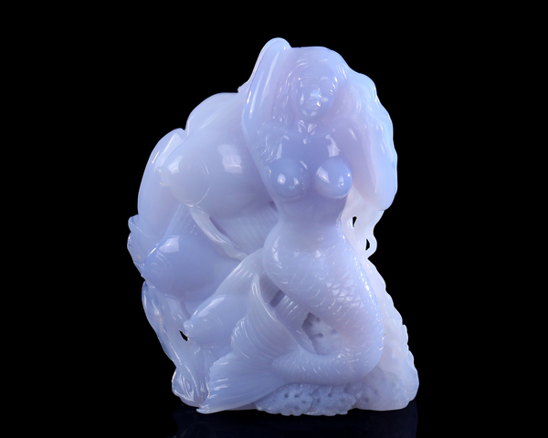 8 Inch Blue Chalcedony Mermaid & Goldfish Hand-Carved Statue - Lifelike Artisan Craft Decor