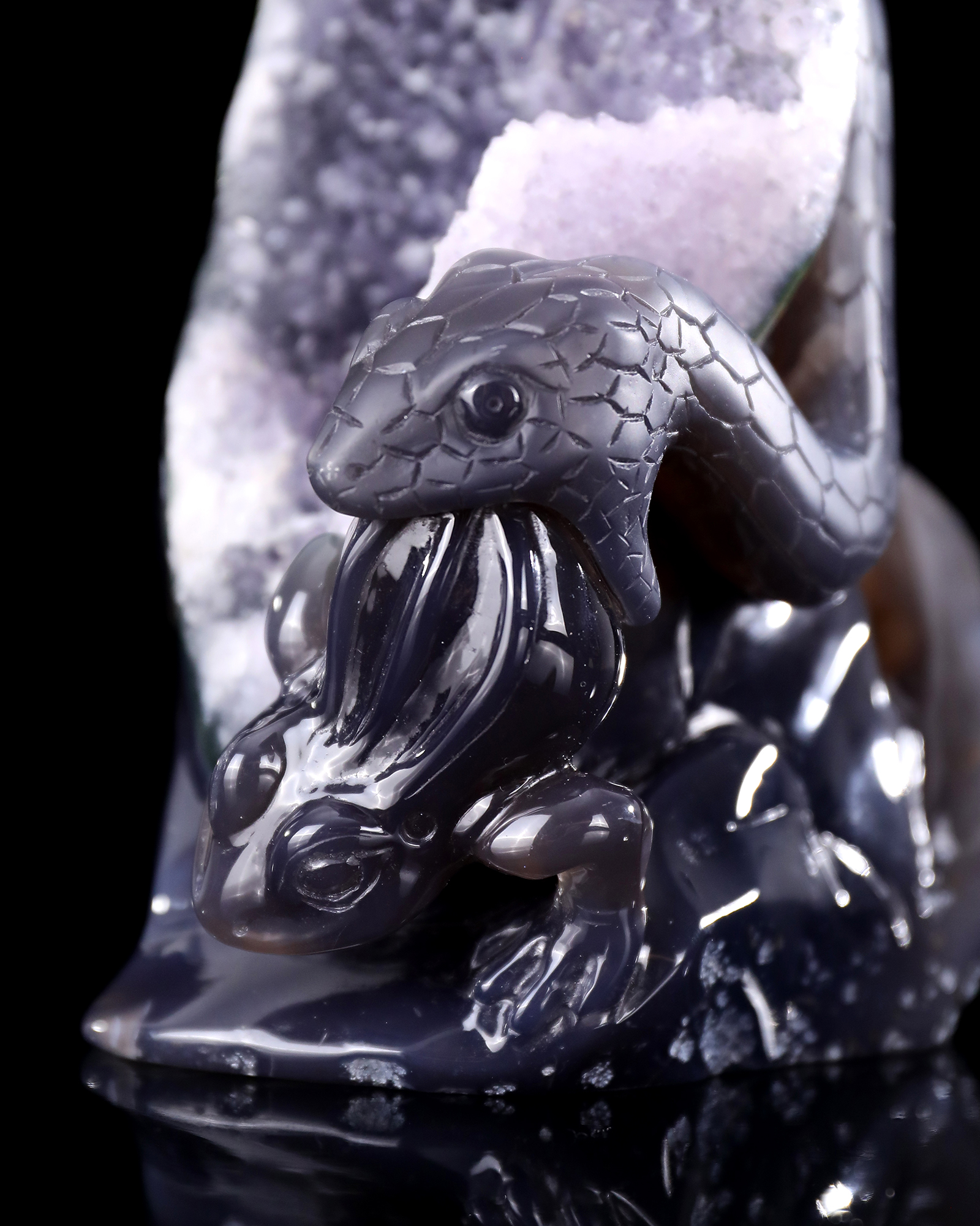 11.8 Inch Artisanal Amethyst Geode Snake & Frog – Hand-Carved Crystal Sculpture for Luxury Decor