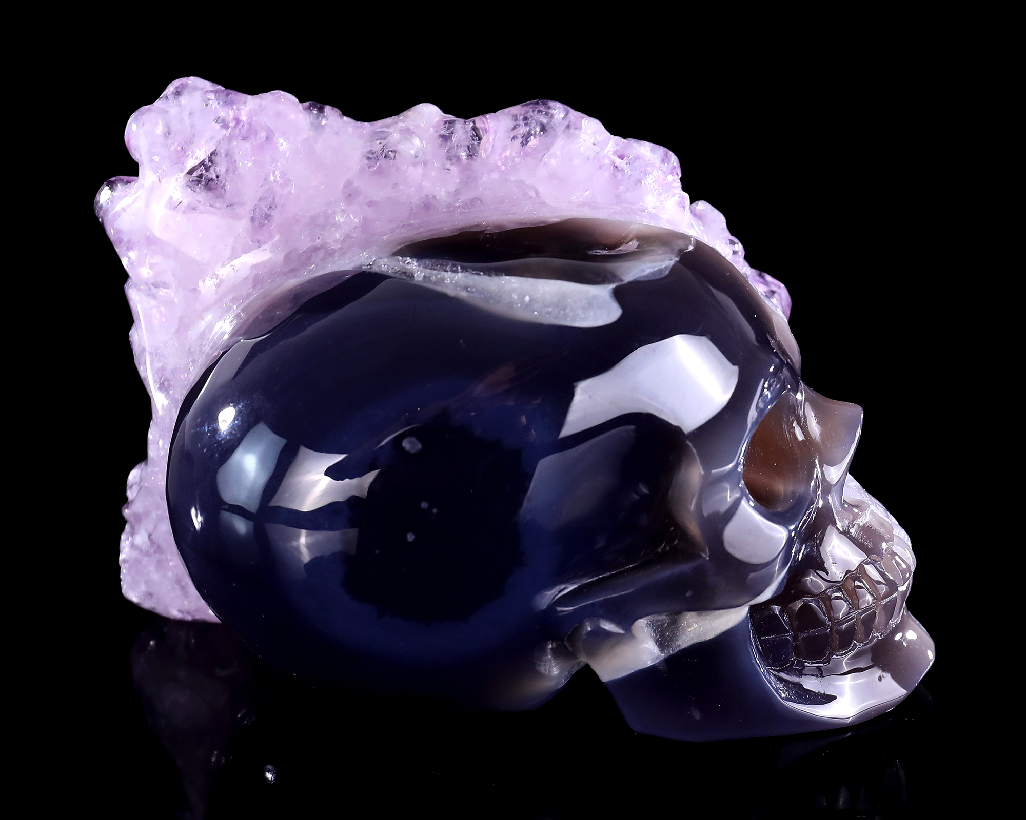 5" Amethyst Geode Agate Human Skull – Original Hand Carved Natural Crystal Skull Sculpture