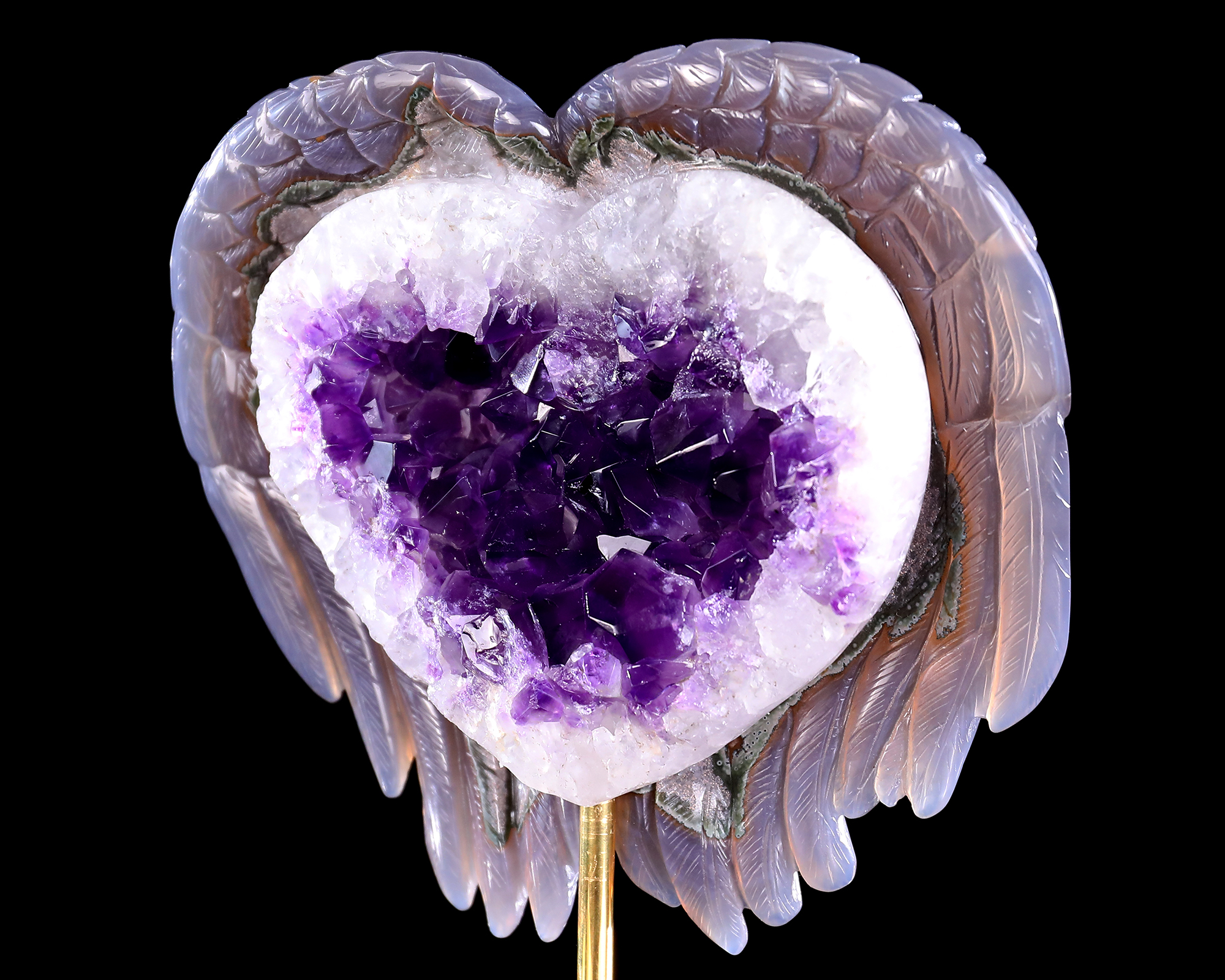6.3" Amethyst Druse Agate Heart Shape Spirit Wings – Hand Carved Natural Crystal Sculpture