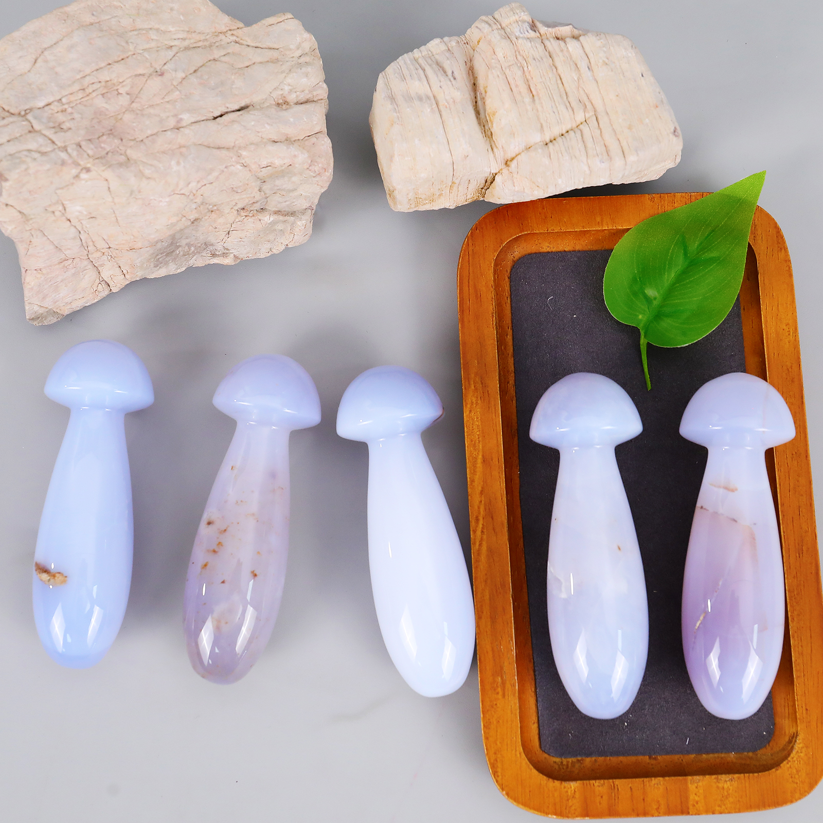 Natural Turkish Blue Chalcedony Mushroom-Shaped Massage Stick - Premium Handheld Tool for Full-Body Relaxation & Muscle Tension Relief