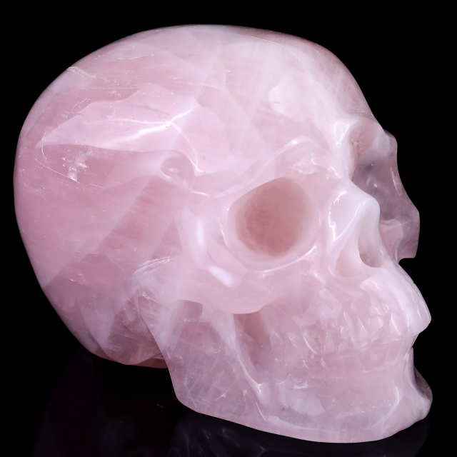 7.6" Rose Quartz Hand Carved Crystal Realistic Skull Sculpture