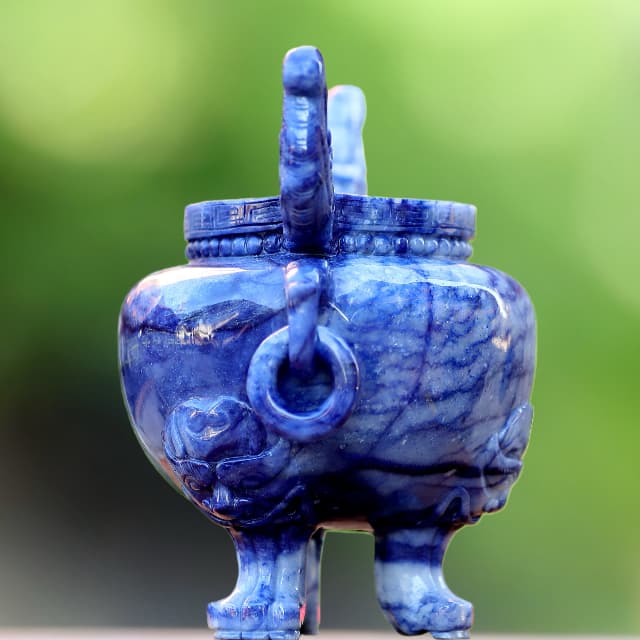 8.3” Natural Blue Aventurine Hand Carved 3 Foot Censer, Gemstone Tripod