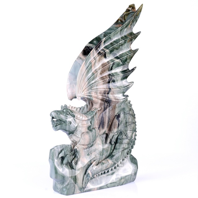  14" Jiulong Jade Hand Carved Crystal Dragon Sculpture