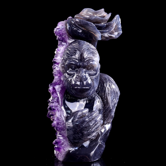7.7 Inch Amethyst Cluster Gorilla Sculpture - Hand-Carved Crystal Figurine with Lifelike Design 