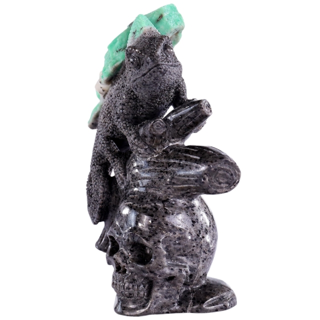 6.0" Natural Emerald Hand Carved Crystal Lizard and Skull Sculpture