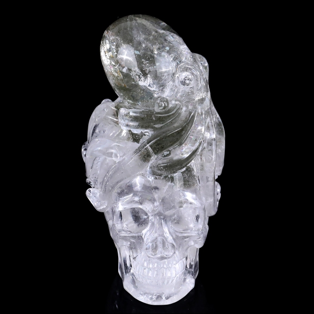 6-inch Hand Carved Clear Quartz Skull with Octopus - Natural Crystal Sculpture for Luxury Display & Spiritual Significance