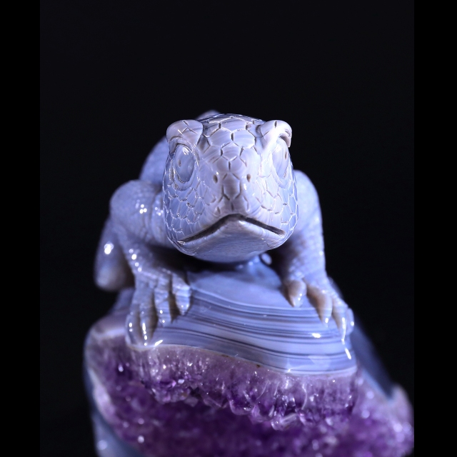 7.9" Amethyst Druse Agate Skull & Lizard Sculpture, Natural Crystal Gemstone Artifact for Luxury Decor