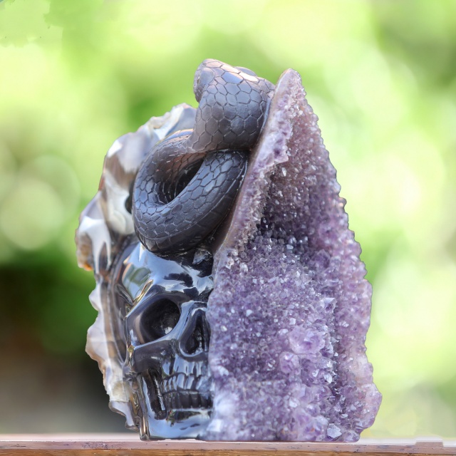 Unique 6.6" Amethyst Geode Agate Skull with Snake – Hand Carved Crystal & Mineral Specimen Sculpture for Collectors And Healing