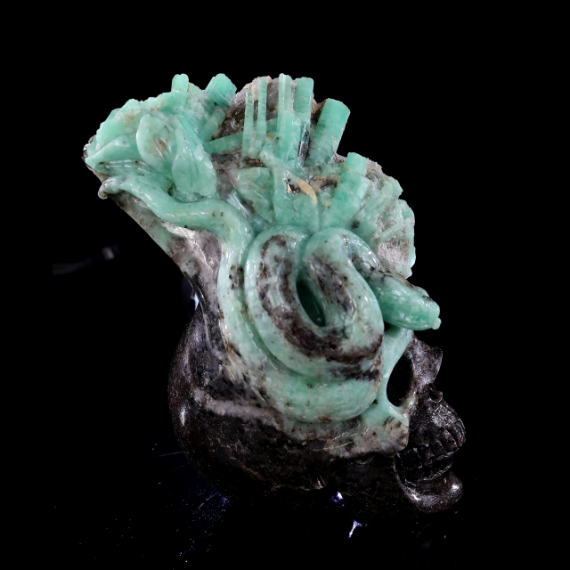 5.5" Natural Emerald Skull and Snake Sculpture, Handcrafted Gemstone Artwork for Collection & Decoration