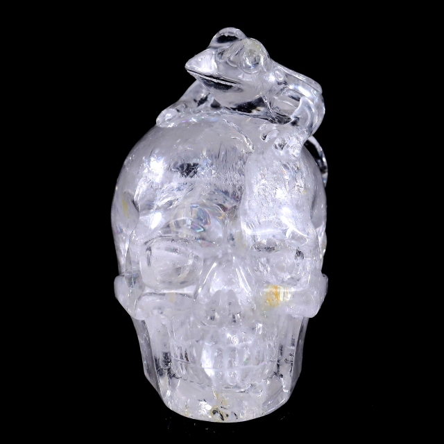 3.8-inch Hand Carved Clear Quartz Skull with Frog - Natural Crystal Sculpture for Spiritual Decor & Collection