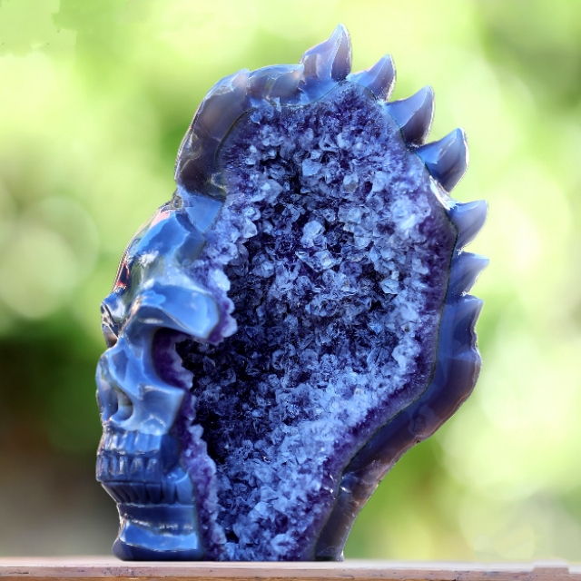 8.9" Amethyst Geode Agate Hand Carved Crystal Geode Skull Sculpture