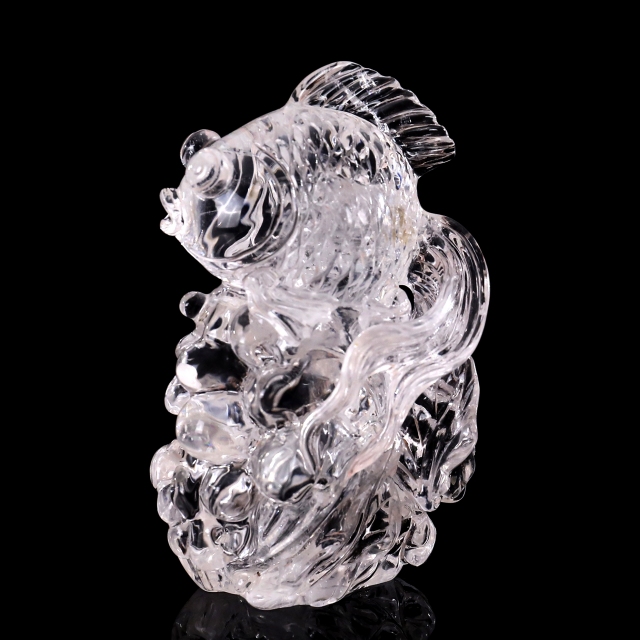 5-inch Hand Carved Clear Quartz Goldfish Decoration - Auspicious Gemstone Sculpture for Luck & Décor