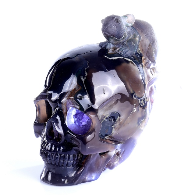 Hand-Carved Amethyst Cluster Skull with Mouse - Natural Gemstone Artifact for Crystal Collectors, Home Decor & Spiritual Practices