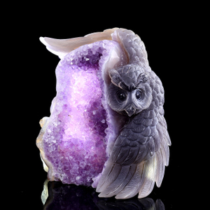 Hand-Carved Amethyst Cluster Owl & Snake Sculpture - Natural Gemstone Artifact for Crystal Collectors, Home Accent & Spiritual Healing