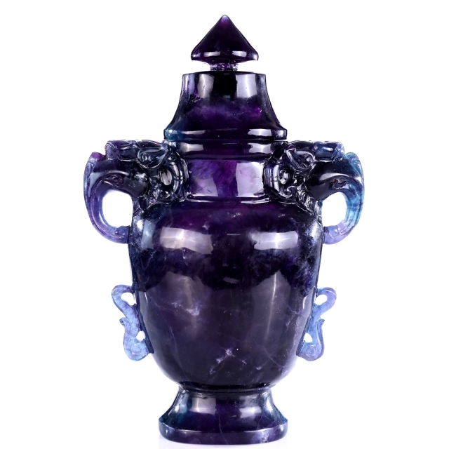 10.6” Natural Fluorite Hand Carved Crystal Vase with Lid