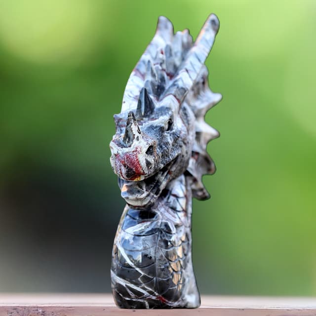 9.3" Red Lace Agate Hand Carved Crystal Dragon Skull Sculpture