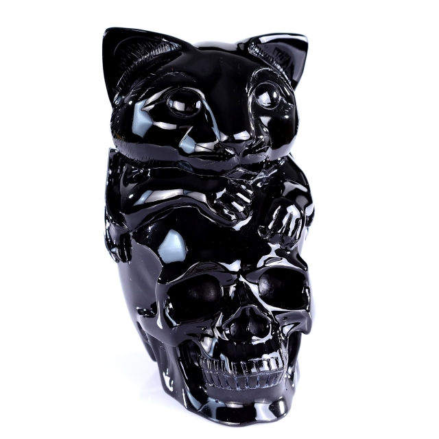 7.8" Natural Black Obsidian Hand Carved Crystal Skull and Cat Sculpture