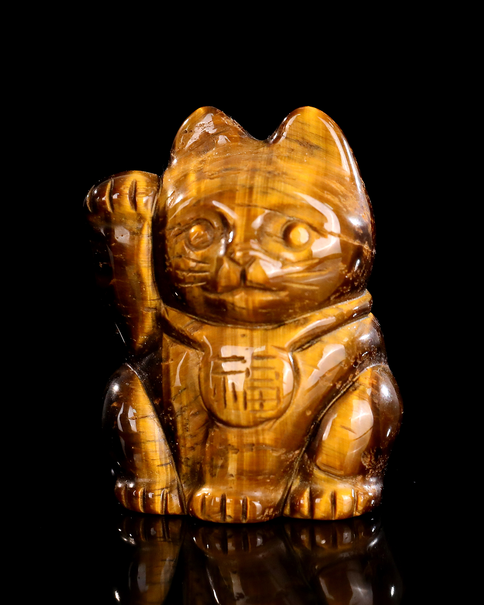 Tiger's Eye Maneki-Neko Carving - Handcrafted Feng Shui Lucky Cat Figurine for Wealth & Home Blessing
