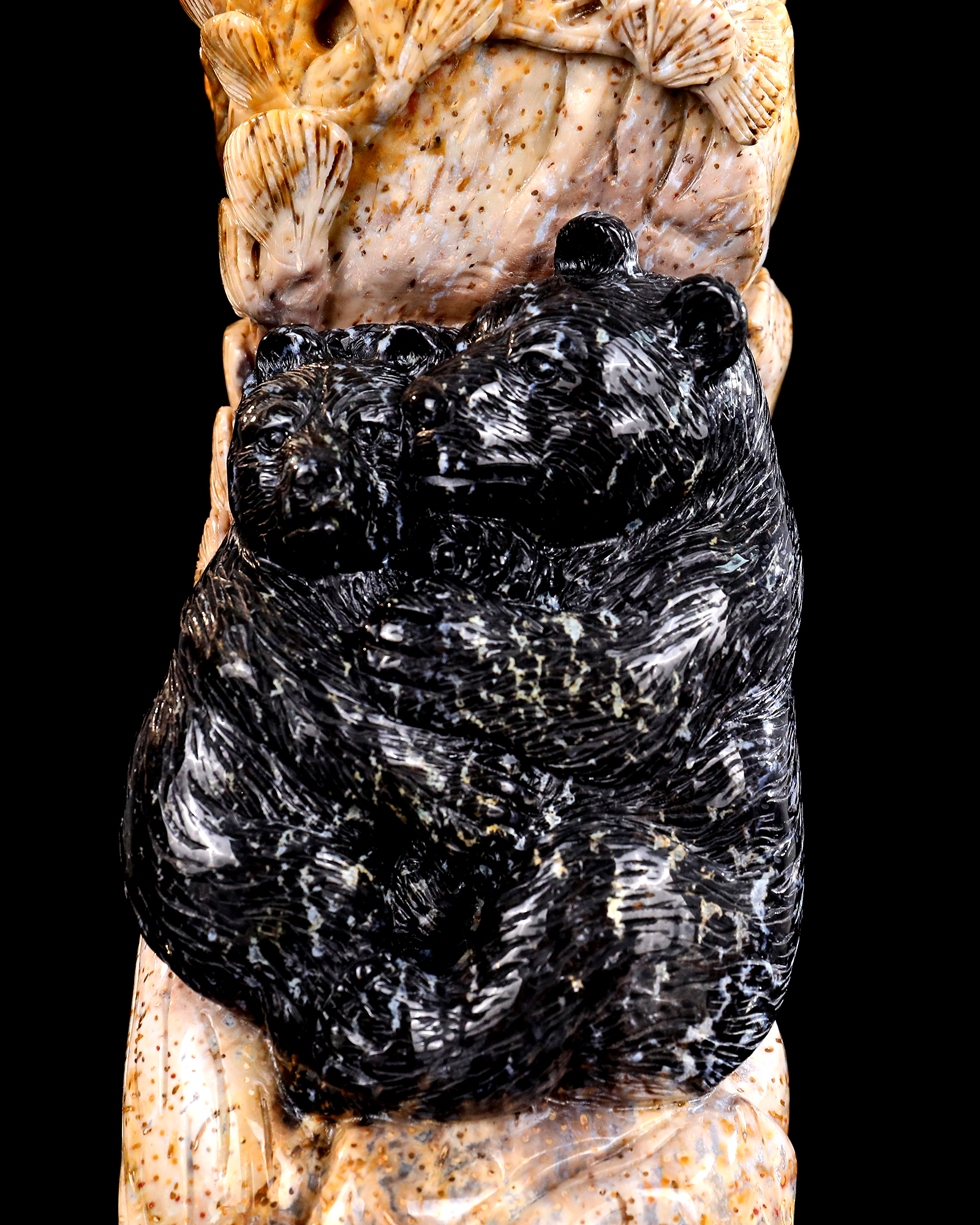 Natural Agatized Coral Stone Black Bear Mother & Cub Carving - Handcrafted Wildlife Sculpture for Home Decor & Gift